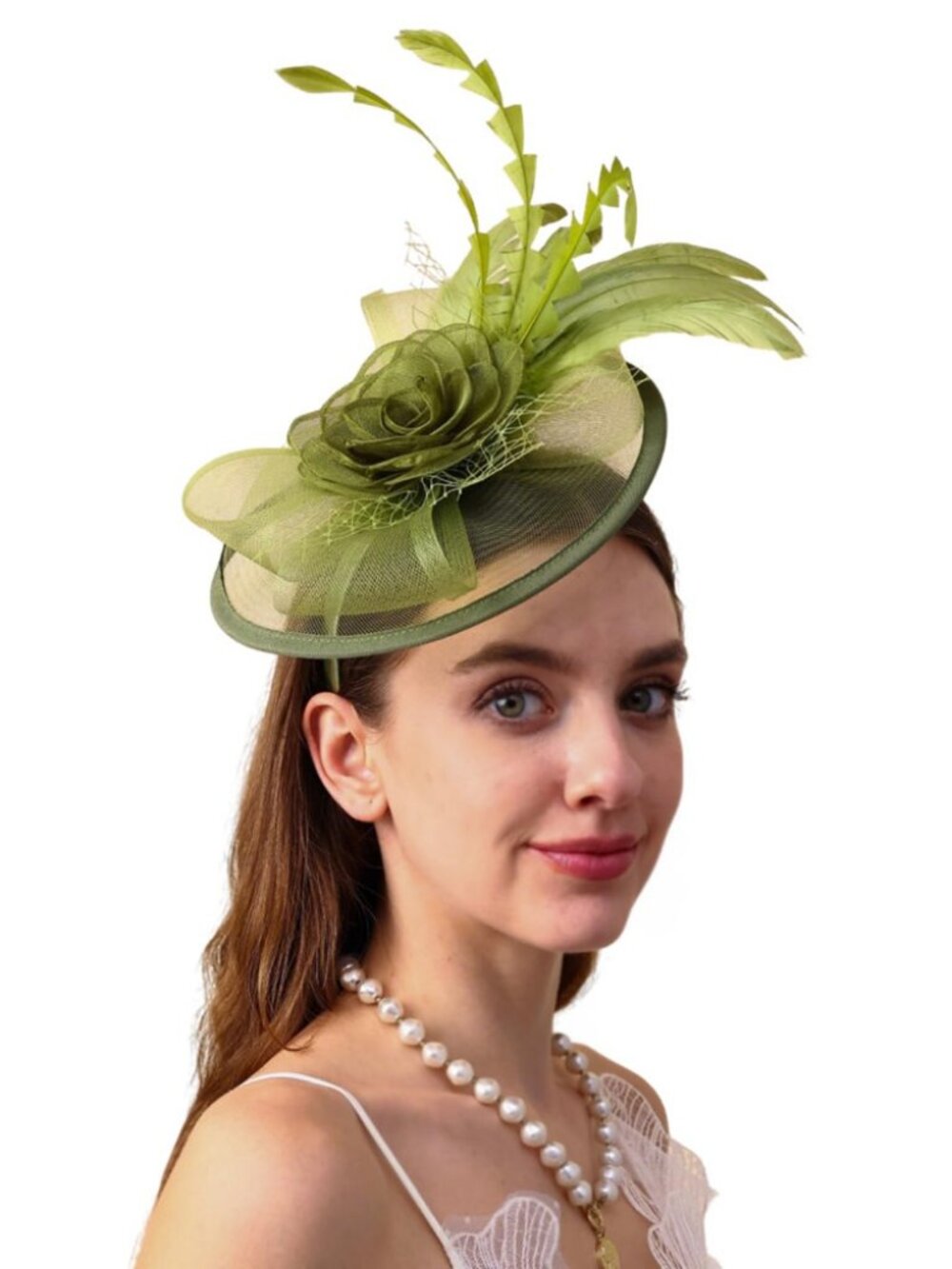 Women Fascinator Hair Clip Feather Flower Wedding Party Hat Avocado Green